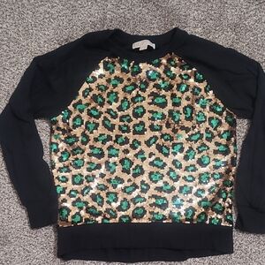 Michael Kors Black Sweater with Green and Gold Sequin Leopard Design